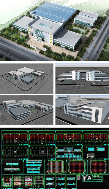 工业厂房工厂SU模型CAD平立剖+效果图设计模型下载-我图网